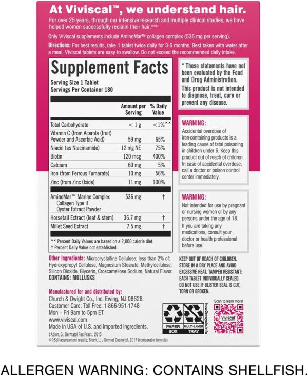Viviscal Hair Growth Supplements For Women For Thicker, Fuller Hair, Nourishes Thinning & Loss, With Proprietary Collagen Complex, 180 Tablets, 3 Month Supply
