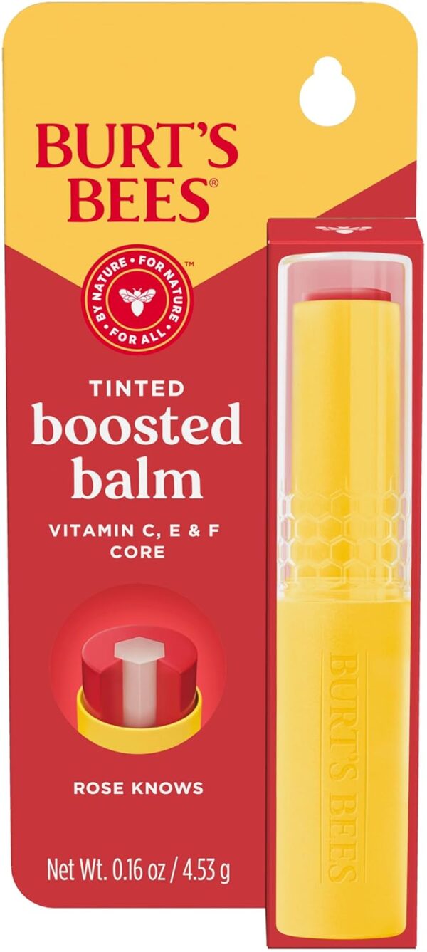 Burt’s Bees Tinted Boosted Balm, Rose Knows, Hydrating Tinted Lip Balm with Vitamin C, E, and F Core, 24 Hour Lip Moisturizer with Responsibly Sourced Beeswax, 100% Natural Origin, 1 Count, 0.16oz