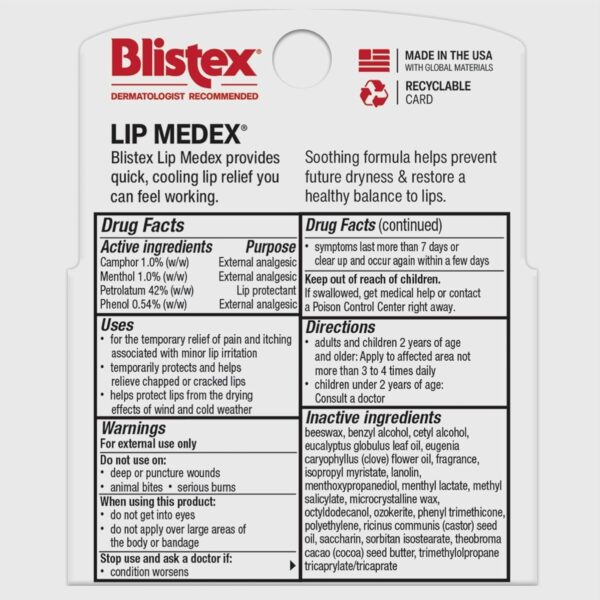 Blistex Lip Medex Stick, 3 Count, 0.15 oz Each, Advanced Hydration, Medicated Relief with Cooling, Soothes and Protects, Restores Healthy Moisture Balance to Lips, 1 Pack