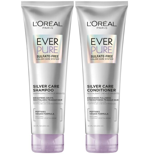 L'Oreal Paris EverPure Silver Care Sulfate Free Shampoo and Conditioner Set, Nourishing Vegan Formula with Peptides for Brightening Gray Hair, 1 Kit