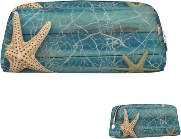 Shell Starfish Pattern Makeup Bag for Women Men Pencil Pouch Travel Small Cosmetic Bag Zippered Toiletry Bags Aesthetic Pen Bags Trendy Storage Bags Leather Coin Pouch Purse