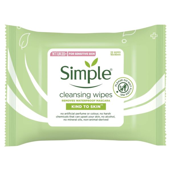 Simple Sensitive Skin Experts Kind To Skin Cleansing Facial Wipes, Waterproof Mascara Remover, Even Softer, 25 Count, (4 Pack)