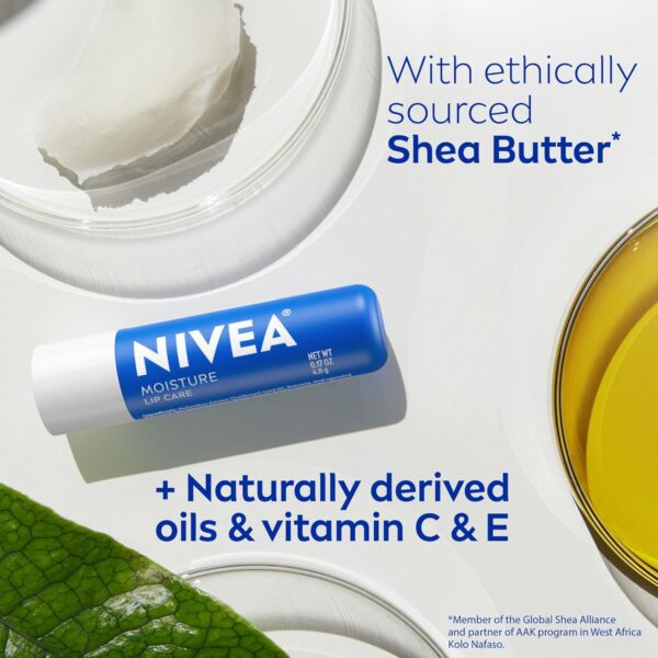 NIVEA Moisture Lip Care, Skin Care Gifts for Mom, Hydrating Lip Balm with Shea Butter, Nourishing Oils and Vitamin C & E, 3-in-1 Moisture, Repair and Nourish, 0.17 Oz Stick, Pack of 4