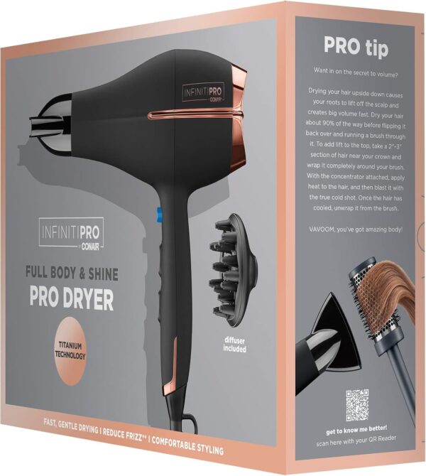 INFINITIPRO BY CONAIR Hair Dryer with Diffuser | AC Motor Pro Hair Dryer with Ceramic Technology | Includes Diffuser and Concentrator | Black | Packaging May Vary