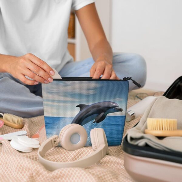 Jumping Up Dolphins Makeup Bag For Women, Waterproof Linen Travel Cosmetic Organizer Lightweight Zipper Travel Toiletry Bag Organizer Makeup Brushes Storage Bag
