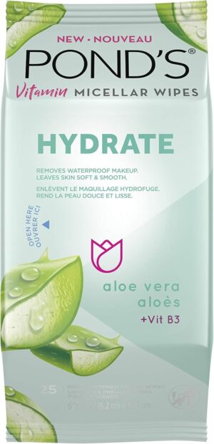 Pond's Vitamin Micellar Wipes For Dry Skin Hydrate Aloe Vera Removes Waterproof Makeup 25 Wipes