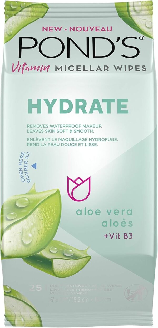 Pond's Vitamin Micellar Wipes For Dry Skin Hydrate Aloe Vera Removes Waterproof Makeup 25 Wipes