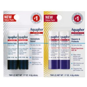 Aquaphor Lip Repair Stick (2 x 0.17 Oz) + Lip Repair and Protect Stick with Sunscreen SPF 30 (2 x 0.17 Oz), Relieves Dryness