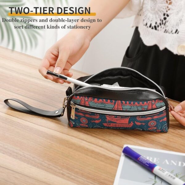 Leather Pencil Cases Sailboat Pattern Pen Pouch Travel Cosmetic Bag for Purse Portable Makeup Brush Bag Holder Coin Purse for Women Makeup Case Organizer