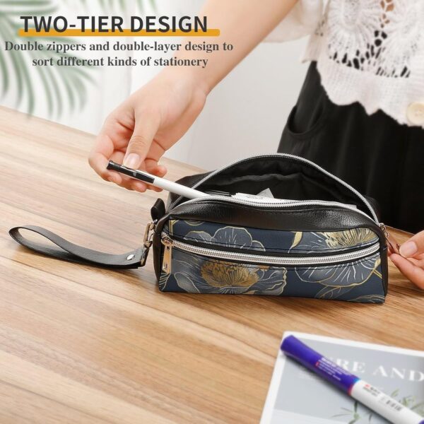 Leather Pencil Cases Gray And Gold Pen Pouch Travel Cosmetic Bag for Purse Portable Makeup Brush Bag Holder Coin Purse for Women Makeup Case Organizer