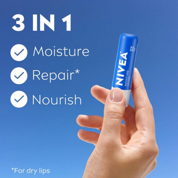 NIVEA Moisture Lip Care, Skin Care Gifts for Mom, Hydrating Lip Balm with Shea Butter, Nourishing Oils and Vitamin C & E, 3-in-1 Moisture, Repair and Nourish, 0.17 Oz Stick, Pack of 4
