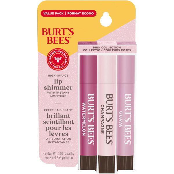 Burt's Bees Lip Shimmer Pink Collection, Mothers Day Gifts, Tinted Lip Balm Stick, Moisturizing for All Day Hydration with Natural Glowy Pigmented Finish & Buildable Color, 3 Tubes x 0.09 Oz