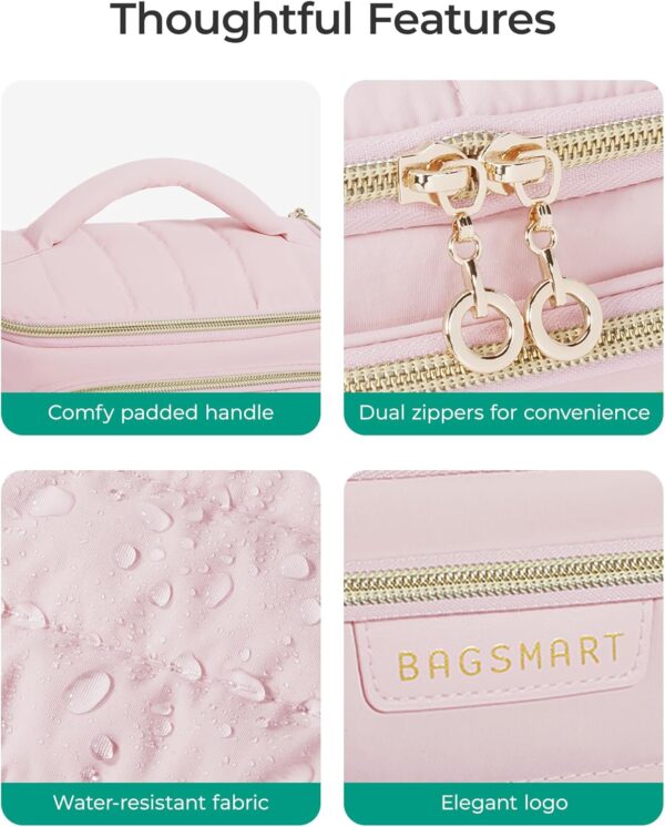 BAGSMART Travel Makeup Bag with Jewelry Organizer, Portable Make Up Bag, Puffy Wide-Opening Cosmetic Storage Pouch for Women’s Toiletries and Travel Essentials (Baby Pink)
