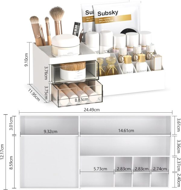 Subsky Makeup Organizer with Drawers, Easy Storage for Beauty Products Brushes, Multifunction Plastic Desk Organizer, Cosmetics Organizer for Countertop Dresser Vanity and Bathroom (White)