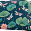 Travel Makeup Bag for Women, Fantasy Dragonflies and Lotus Flowers Vintage Style Travel Cosmetic Bag Pencil Case Portable Makeup Pouch Toiletry Bag for Girls