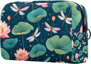 Travel Makeup Bag for Women, Fantasy Dragonflies and Lotus Flowers Vintage Style Travel Cosmetic Bag Pencil Case Portable Makeup Pouch Toiletry Bag for Girls
