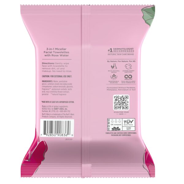 Burt's Bees, Rose Water Face Wipes, for All Skin Types, Hydrating Micellar Makeup Remover & Facial Cleansing Towelettes, 30 Count (1 Pack)