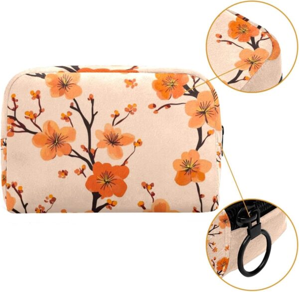 Travel Makeup Bag for Women, Orange Flowers Cherry Blossom Travel Cosmetic Bag Pencil Case Portable Makeup Pouch Toiletry Bag for Girls
