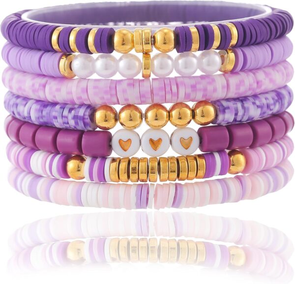 Friendship Bracelets Trendy Heishi Clay Bead Bracelets Stack Gold Beaded Stretch Bracelets for Women Boho Stackable Bracelets Bulk Cute Preppy Jewelry