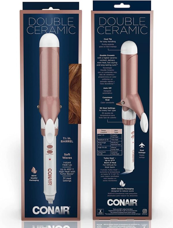 Conair Double Ceramic 1 1/2-Inch Curling Iron, 1 ½ inch barrel produces soft waves – for use on medium and long hair