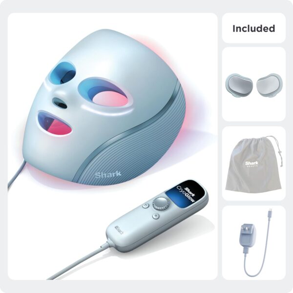 Shark CryoGlow LED Face Mask (FSA/HSA Eligible*) with Under-Eye Cooling, Anti-Ageing & Blemish Repair, Red & Blue LED, Infrared Light Therapy, USB-C, Remote Control, Storage Bag, Blue Frost, FW312