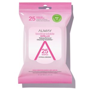 Almay Makeup Remover Cleansing Towelettes, Biodegradable Micellar Water Wipes for Sensitive Skin, Hypoallergenic, Cruelty- & Fragrance-Free, 25 Count