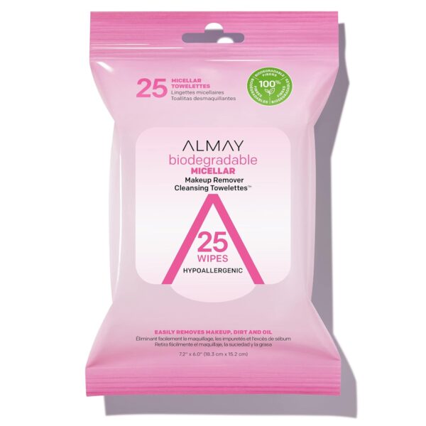 Almay Makeup Remover Cleansing Towelettes, Biodegradable Micellar Water Wipes for Sensitive Skin, Hypoallergenic, Cruelty- & Fragrance-Free, 25 Count