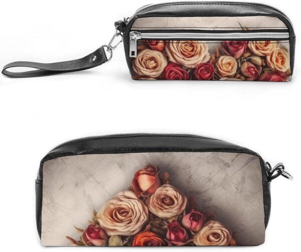 Leather Pencil Cases Valentine Rose Heart Shape Pen Pouch Travel Cosmetic Bag for Purse Portable Makeup Brush Bag Holder Coin Purse for Women Makeup Case Purse Organizer