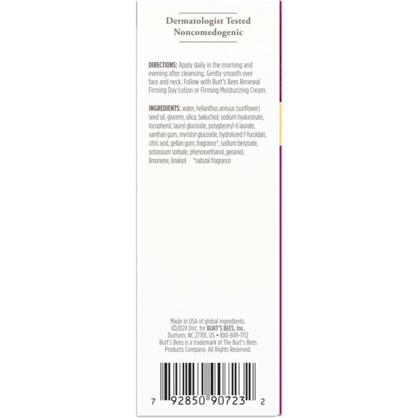 Burt's Bees Renewal Intensive Firming Serum With Natural Retinol Alternative and Hyaluronic Acid, Powerful Natural Anti-Aging Ingredients, 98.6 Percent Natural Origin Skin Care, 1 fl. oz. Bottle