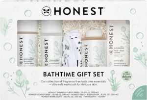 The Honest Company Fragrance Free Bathtime Gift Set | Hypoallergenic Bath Essentials for Sensitive Skin | Shampoo + Body Wash, Face + Body Lotion, Bubble Bath, Conditioner, Wash Cloth