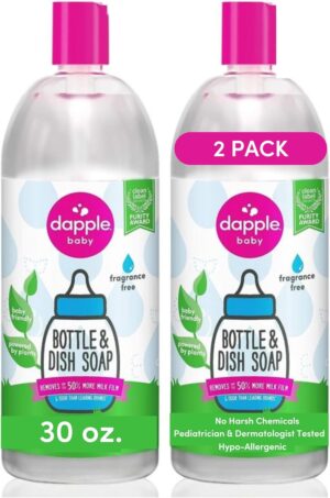 Dapple Baby Bottle Soap, Hypoallergenic Dish Soap for Baby Bottles, Powered by Plants, Fragrance Free, 30 Fl Oz Refill (Pack of 2)