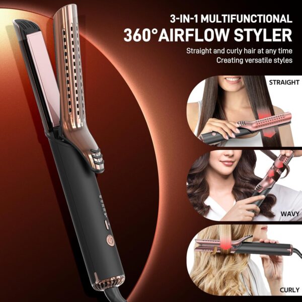 Upgraded 360° Airflow Styler Curling Iron - Keratin Hair Straightener and Curler 2 in 1, 1.5 Inch Titanium Ionic Curling Iron for Lasting Curls, 4 Temps, Dual Voltage for International Travel