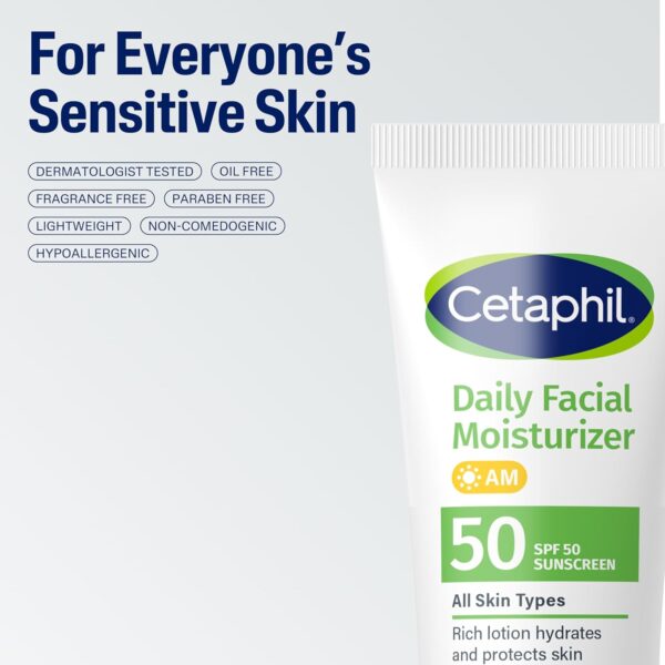 Cetaphil Daily Facial Moisturizer SPF 50, 1.7 Fl Oz (Pack of 2), Gentle Facial Moisturizer For Dry to Normal Skin Types, No Added Fragrance, Dermatologist Recommended (Packaging May Vary)