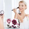 Travel Makeup Bag for Women, Pink and Burgundy Roses on White Background Travel Cosmetic Bag Pencil Case Portable Makeup Pouch Toiletry Bag for Girls