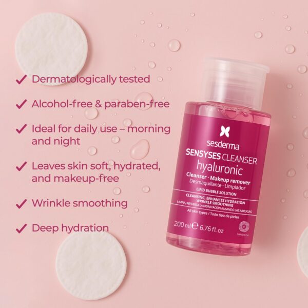 Sesderma SENSYSES Hyaluronic Cleanser | Hydrating Micellar Solution for All Skin Types | Gently Removes Makeup and Impurities 6.8 fl oz