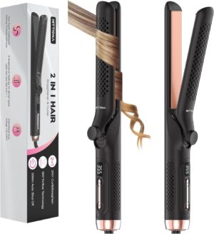 360° Airflow Styler Curling Iron - 1.25 Inch Hair Straightener and Curler 2 in 1 with Vented Cool Air to Lock Style, Extra Long Flat Iron Curling Wand, 5 Temps LCD Display, Dual Voltage for Travel