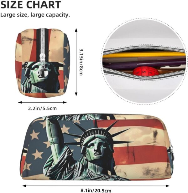 Statue Liberty American Flag Makeup Bag for Women Men Pencil Pouch Travel Small Cosmetic Bag Zippered Toiletry Bags Aesthetic Pen Bags Trendy Storage Bags Leather Coin Pouch Purse