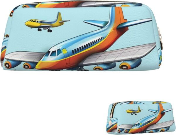 Cartoon Airplane Makeup Bag for Women Men Pencil Pouch Travel Small Cosmetic Bag Zippered Toiletry Bags Aesthetic Pen Bags Trendy Storage Bags Leather Coin Pouch Purse
