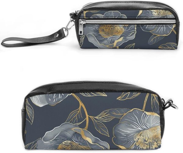 Leather Pencil Cases Gray And Gold Pen Pouch Travel Cosmetic Bag for Purse Portable Makeup Brush Bag Holder Coin Purse for Women Makeup Case Organizer