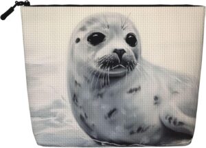 Harp Seal Painting Makeup Bag For Women, Waterproof Linen Travel Cosmetic Organizer Lightweight Zipper Travel Toiletry Bag Organizer Makeup Brushes Storage Bag