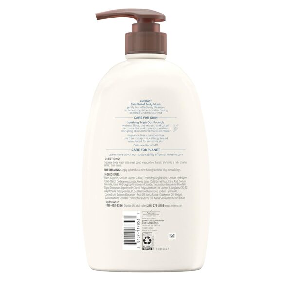 Aveeno Skin Relief Body Wash, Fragrance-Free with Triple Oat Formula, Gentle Daily Cleanser for Sensitive Skin Leaves Itchy, Dry Skin Feeling Soothed & Moisturized, Soap-Free, 33 fl. oz
