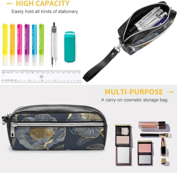 Leather Pencil Cases Gray And Gold Pen Pouch Travel Cosmetic Bag for Purse Portable Makeup Brush Bag Holder Coin Purse for Women Makeup Case Organizer