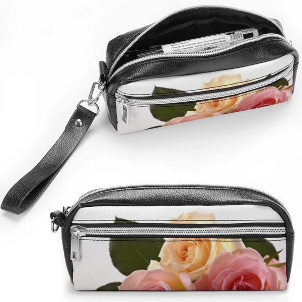 Leather Pencil Cases Roses Flower Pen Pouch Travel Cosmetic Bag for Purse Portable Makeup Brush Bag Holder Coin Purse for Women Makeup Case Organizer