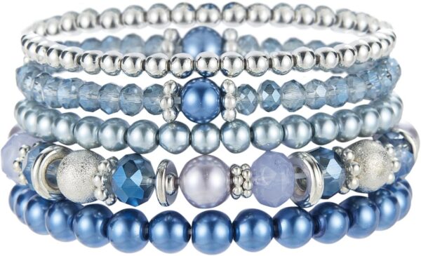 Noessla Beaded Pearl Stretch Bracelet Silver Stackable Crystal Beads Bracelets Trendy Costume Jewelry Mothers Day Gifts for Women