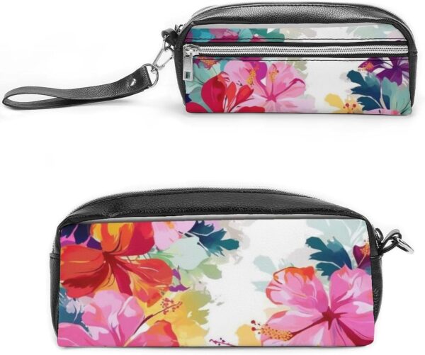 Leather Pencil Cases Hawaiian Flower Print Pen Pouch Travel Cosmetic Bag for Purse Portable Makeup Brush Bag Holder Coin Purse for Women Makeup Case Purse Organizer