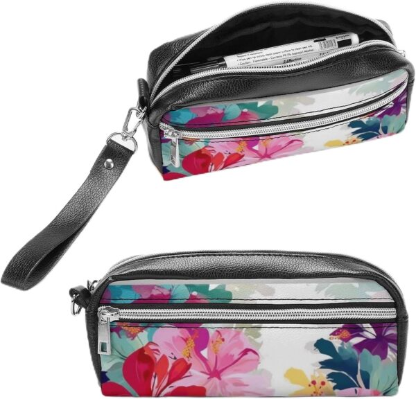 Leather Pencil Cases Hawaiian Flower Print Pen Pouch Travel Cosmetic Bag for Purse Portable Makeup Brush Bag Holder Coin Purse for Women Makeup Case Purse Organizer