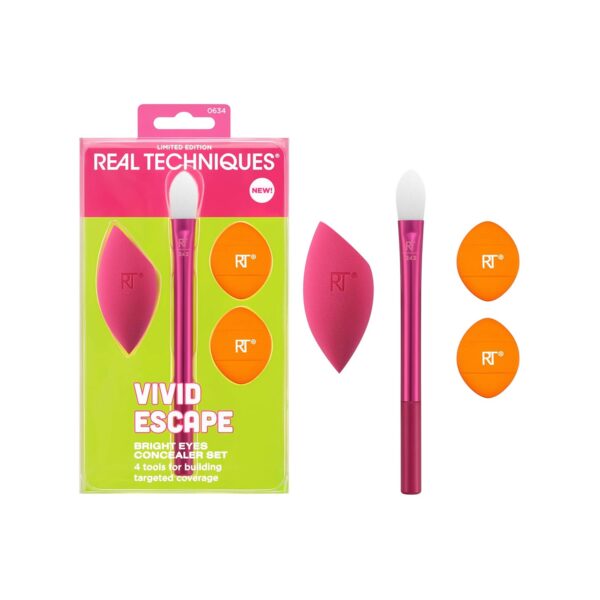 Real Techniques Vivid Escape Bright Eyes Concealer 4 Piece Set, Includes Kitten Paw Makeup Brush, Powder Puff, & Concealer Makeup Blending Sponge, Targeted Concealing, Travel Friendly, Cruelty-Free