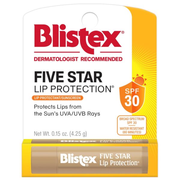 Blistex Five Star Lip Protection Balm, 0.15 Ounce ? Wind & Water-Resistant Lip Care, Broad Spectrum SPF 30 Sun Protection, Soothes Cold Chapped Lips, Hydrating Lip Treatment, Holds in Moisture