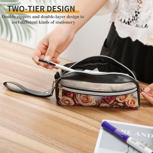 Leather Pencil Cases Valentine Rose Heart Shape Pen Pouch Travel Cosmetic Bag for Purse Portable Makeup Brush Bag Holder Coin Purse for Women Makeup Case Purse Organizer