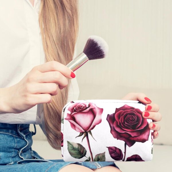 Travel Makeup Bag for Women, Pink and Burgundy Roses on White Background Travel Cosmetic Bag Pencil Case Portable Makeup Pouch Toiletry Bag for Girls